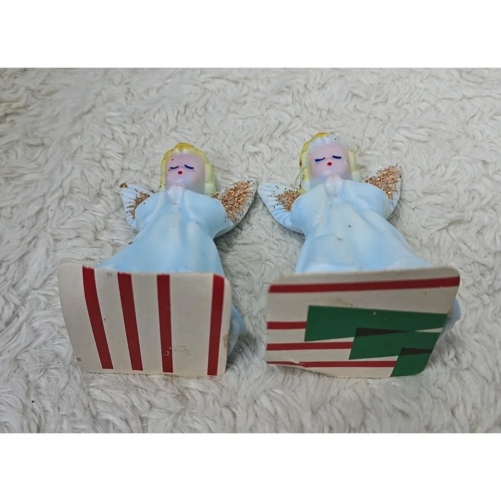 Vintage Pair of 2 Praying Angels Glitter Christmas Holiday Candle‎ 5